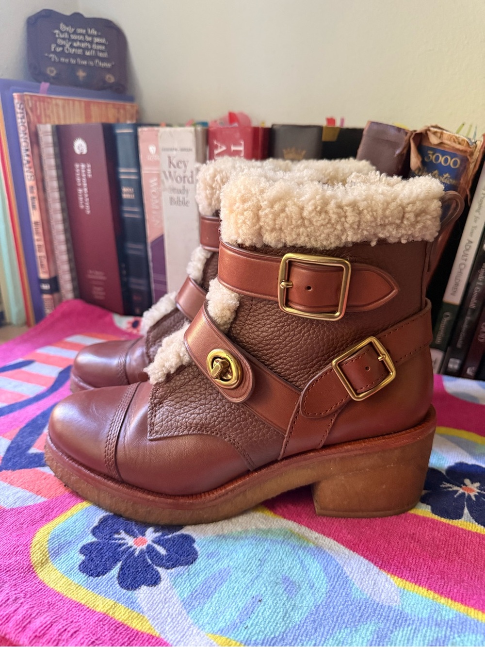Coach Preston Whiskey Leather Shearling Ankle Boots